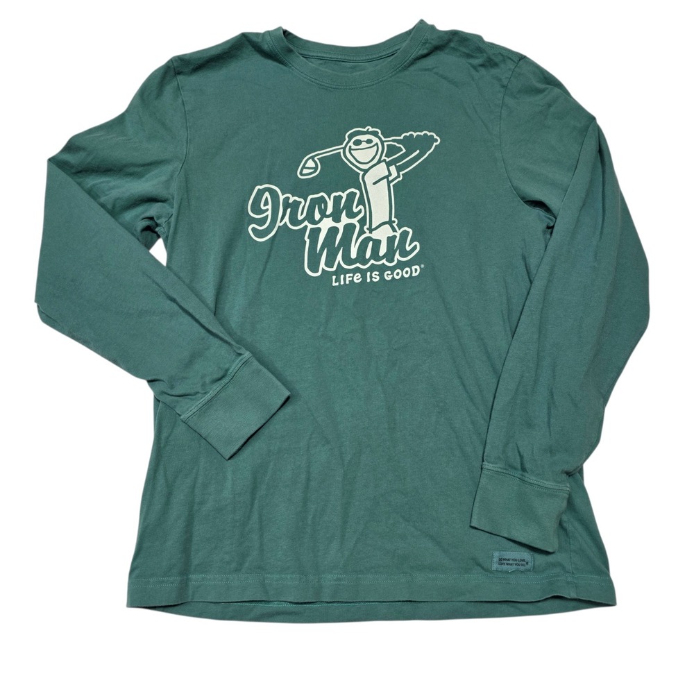 Life Is Good Iron Man Golf Graphic Long Sleeve T Shirt Green Men's Medium